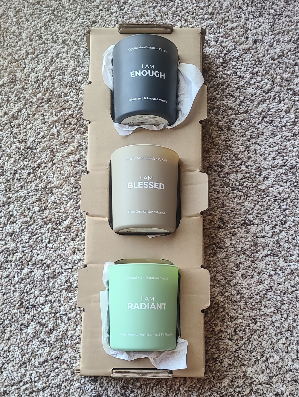 I AM Radiant, Blessed & Enough Scented Candle Trio — Green, Beige, Charcoal